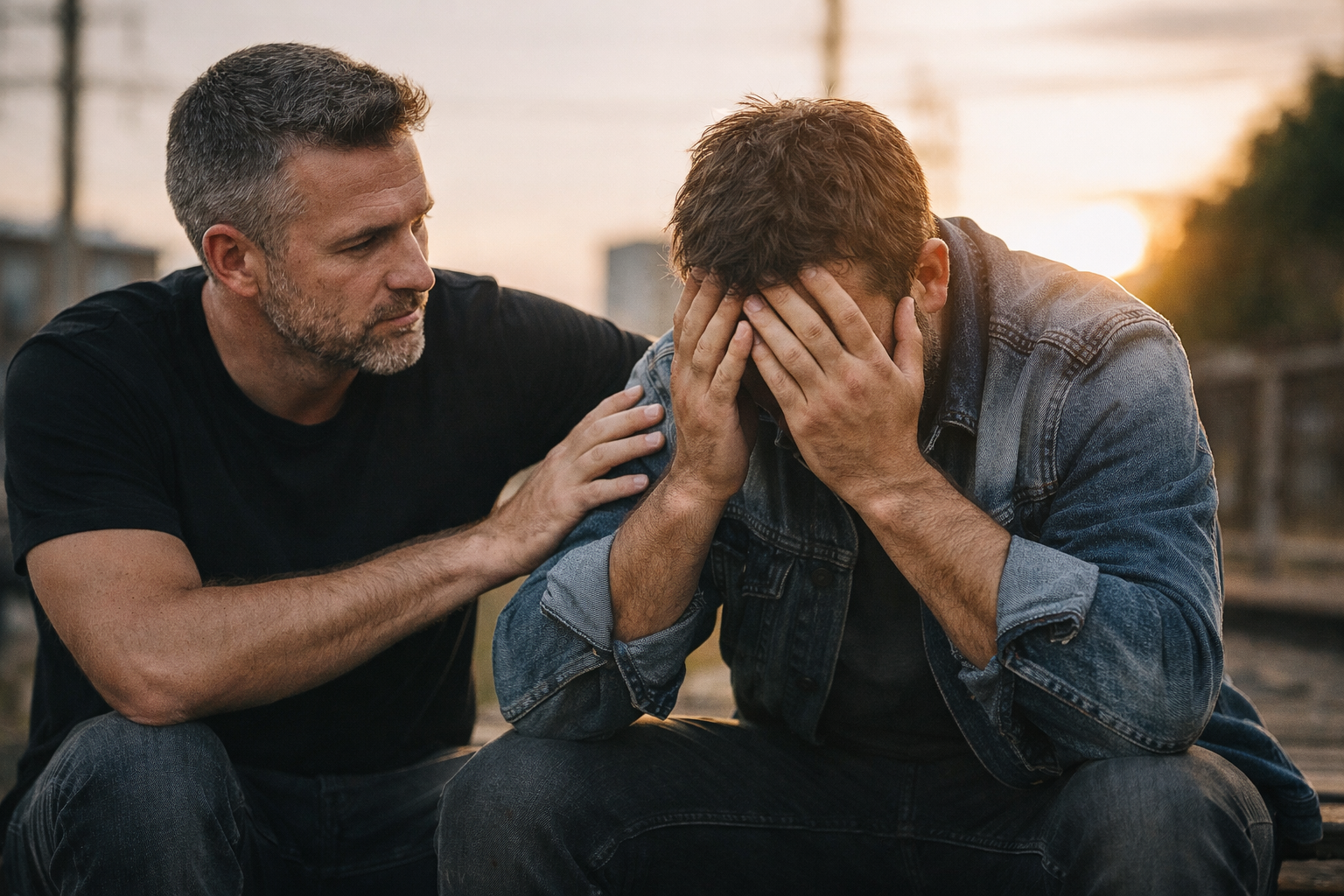 A distressed man sits with his head in his hands while another man rests a supportive hand on his shoulder at sunset, representing a mate offering support during a suicidal crisis.
