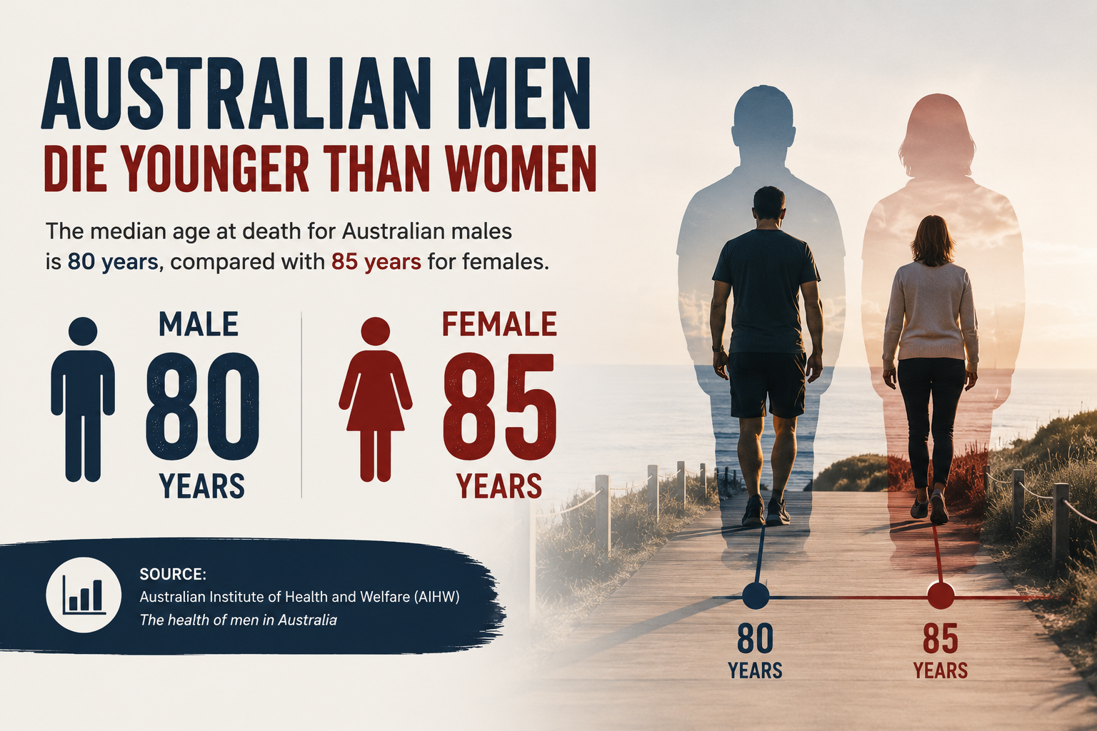 Infographic showing Australian male median age at death is 80 years compared with 85 years for females, based on AIHW health of men in Australia data.