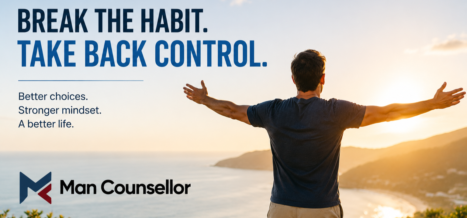 Man standing confidently above a bright coastline at sunset, representing breaking unhealthy coping habits and taking back control with support from Man Counsellor.