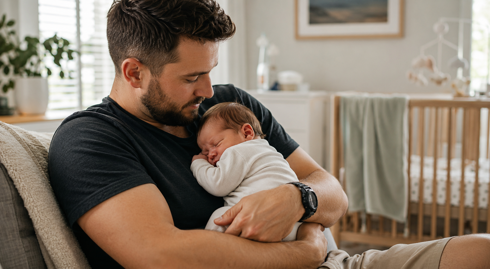 First-time dad holding his sleeping newborn baby at home.