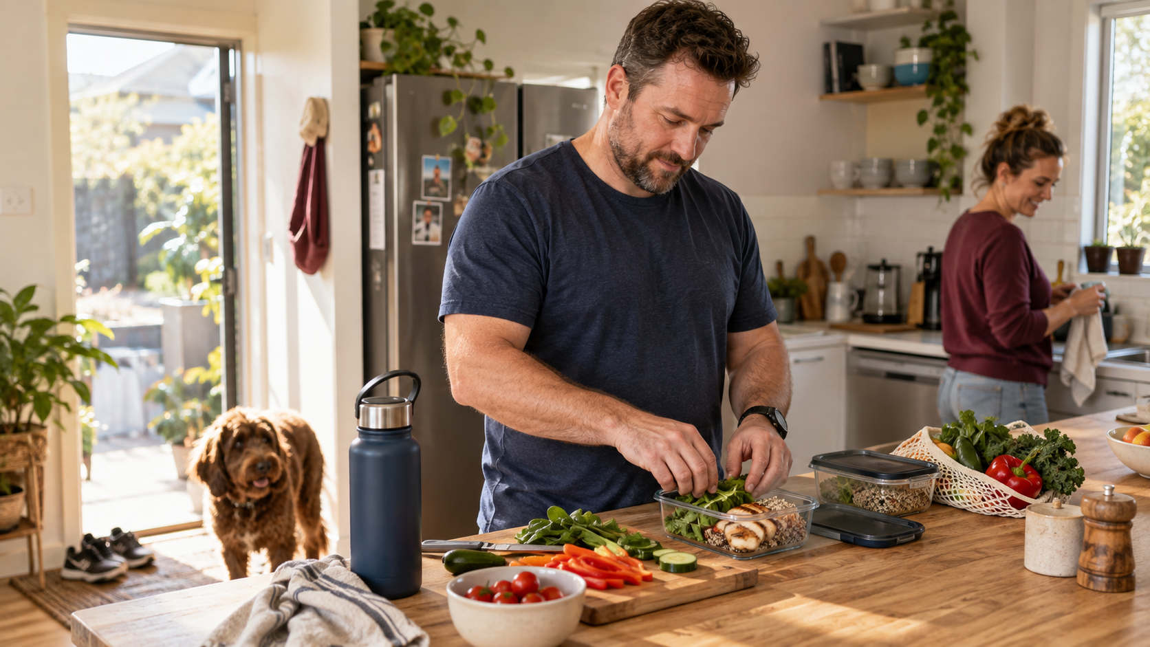 Australian man preparing a healthy lunch at home as part of a sustainable wellness routine