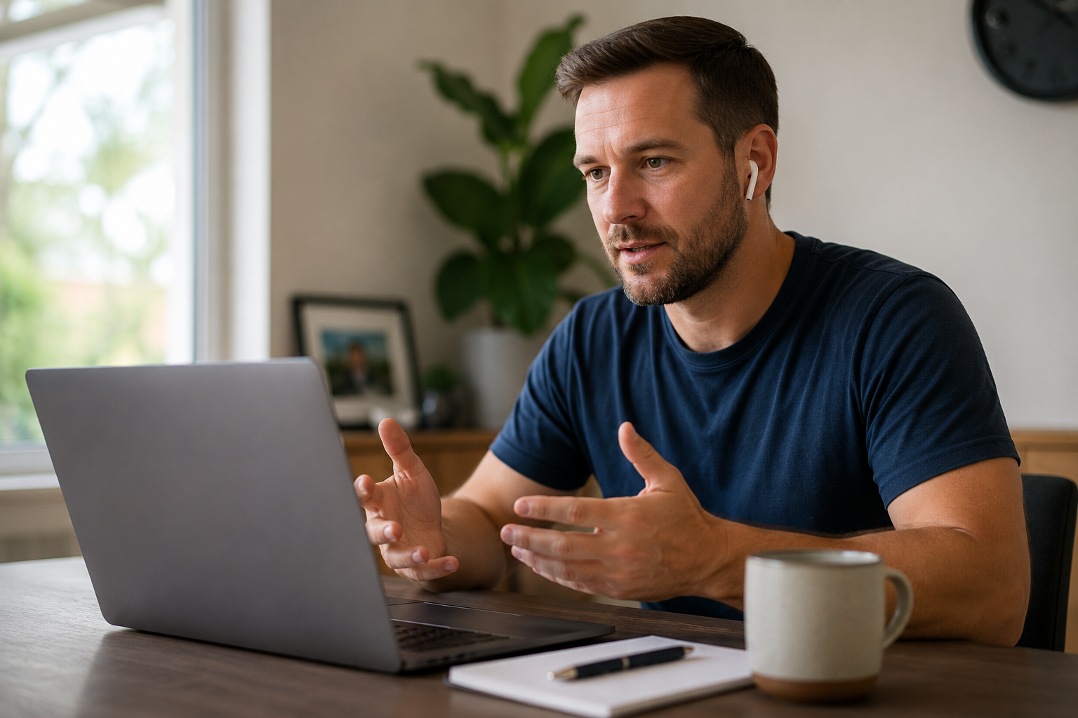 Man speaking with a counsellor by video from home to get support for anxiety.