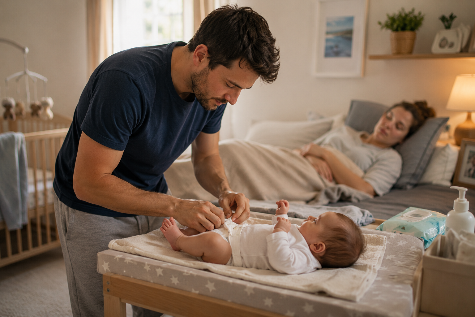 New father changing his baby’s nappy while his partner rests at home.