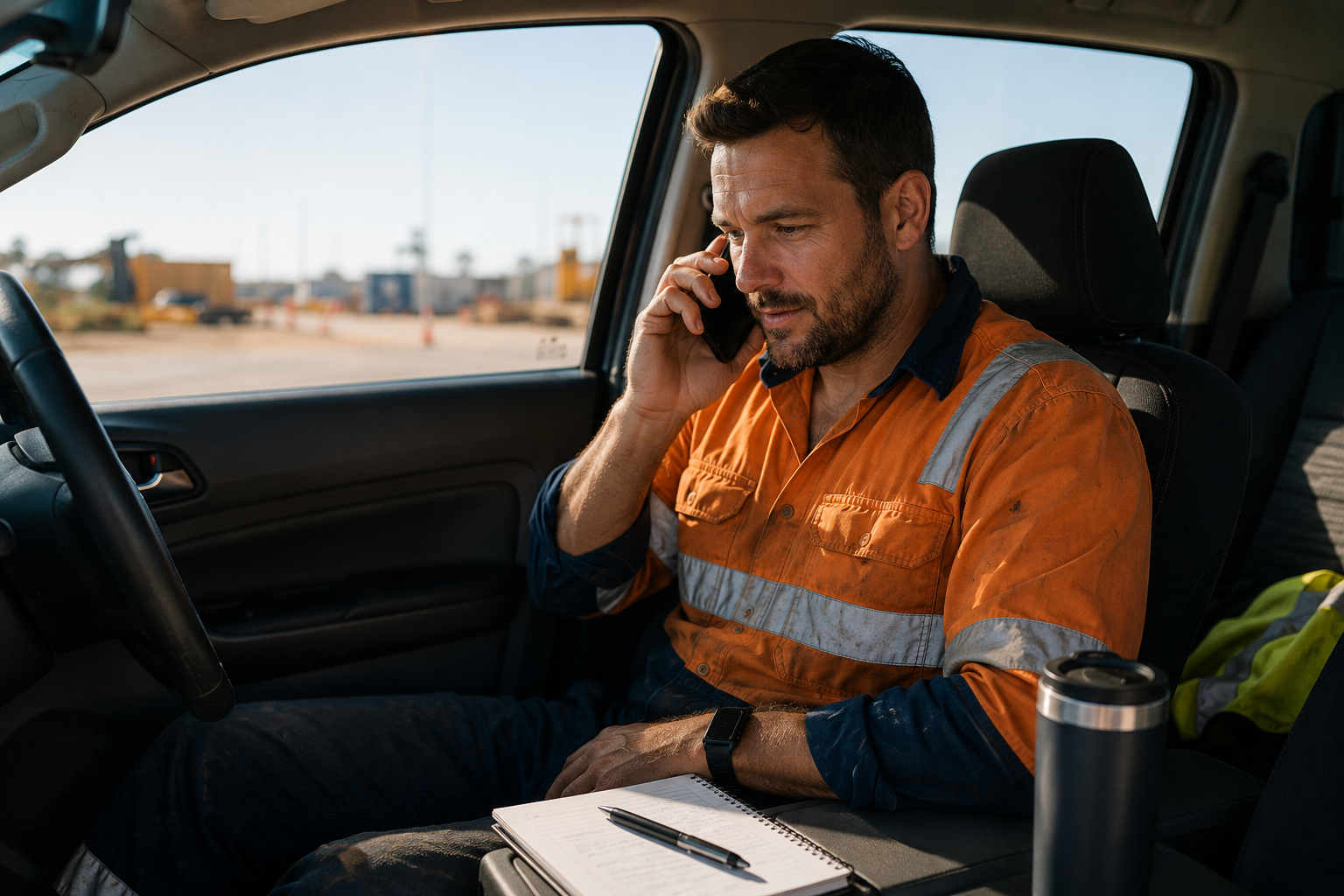 Remote worker speaking with a counsellor by phone from a parked work vehicle.